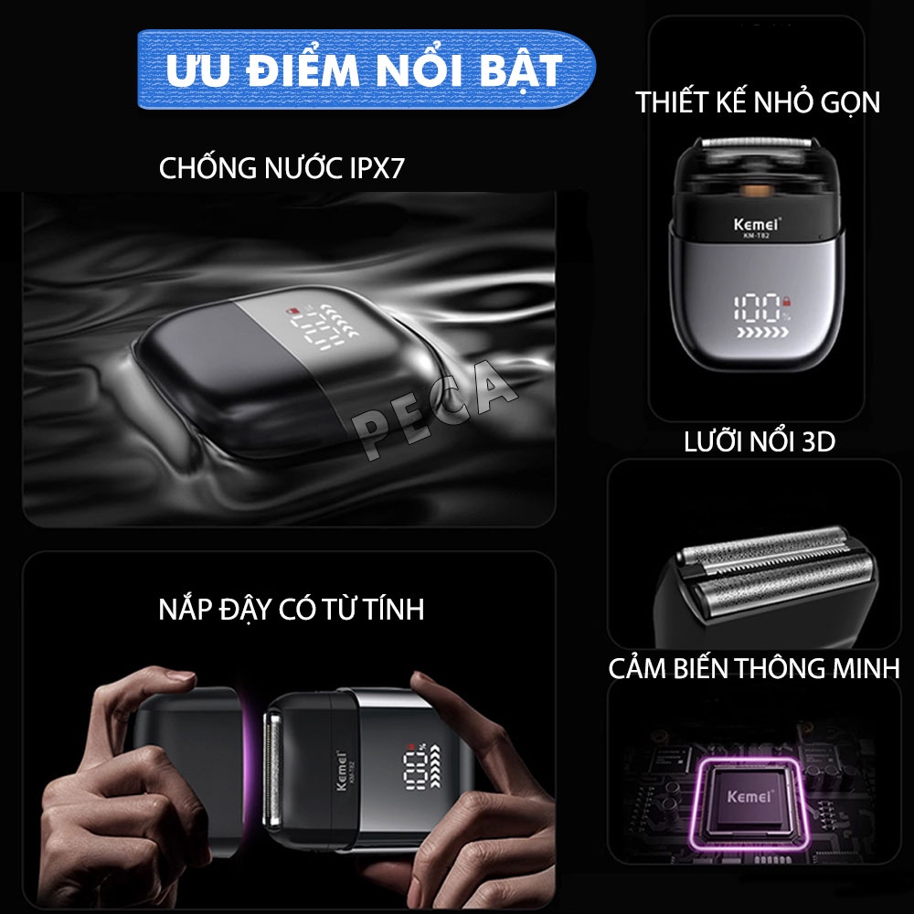 Máy cạo râu mini lưỡi kép Kemei KM-T82 màn hình LCD, công suất 5w mạnh mẽ cảm biến râu thông minh - Hàng chính hãng