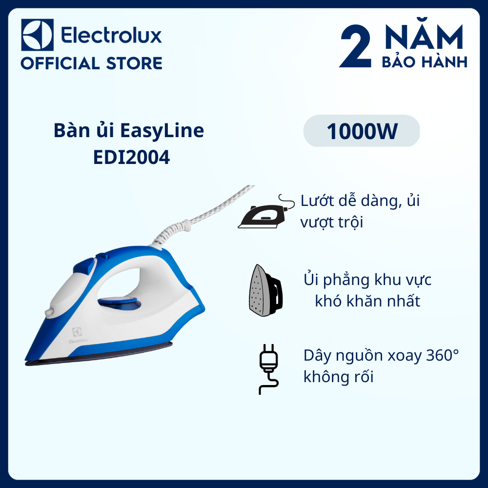 Bàn ủi Electrolux EasyLine EDI2004 - Mặt đế chống dính, là ủi dễ dàng và mượt mà, dễ dàng điều khiển, tiếp cận khu vực khó nhất [Hàng chính hãng]