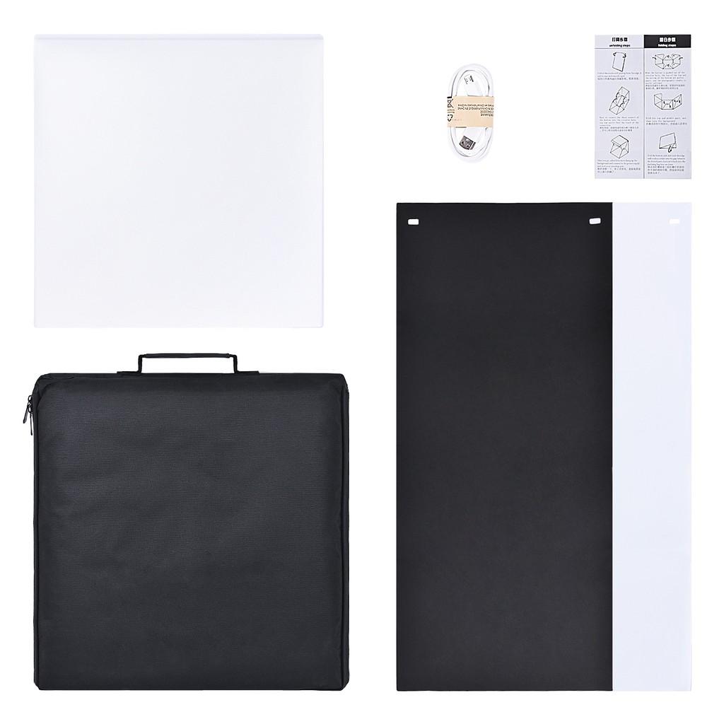Hộp chụp hình sản phẩm Studio 40cm x 40cm gồm 2 dãy đèn led, phông nền 2 màu trắng đen