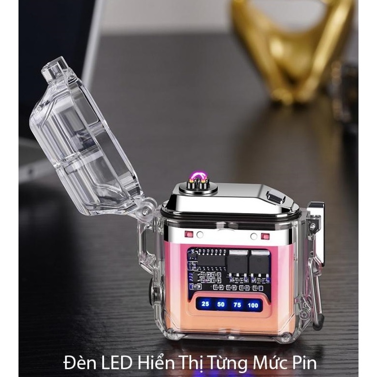 Quẹt Sạc Điện Plasma Vỏ Trong Suốt Tặng kèm hộp - cáp sạc USB Type-C - Hàng nhập khẩu