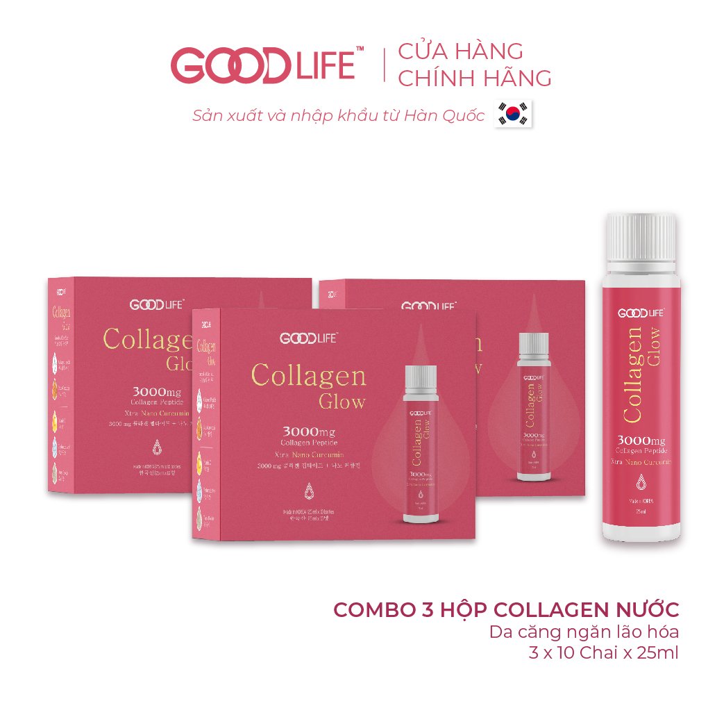 Combo 3 hộp nước uống GOODLIFE COLLAGEN GLOW 3000mg -kết hợp độc đáo Nano Curcumin (tinh bột nghệ) và Vitamin C (10 ống)