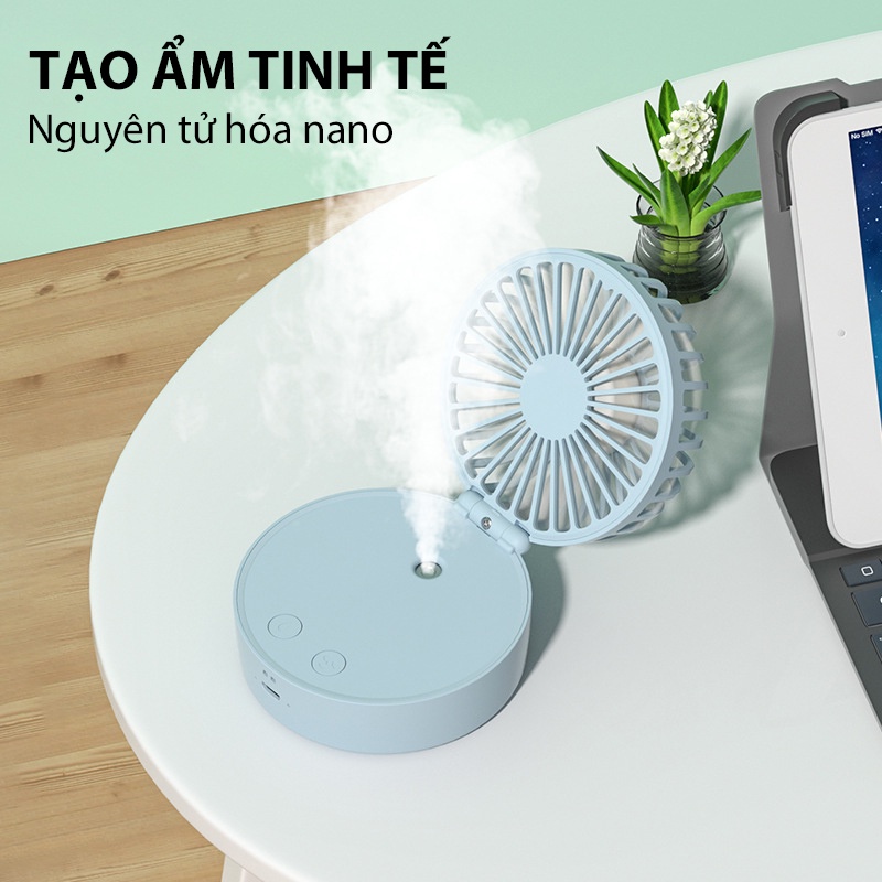 Quạt mini phun sương quạt tích điện kết hợp đèn ngủ sạc USB pin lớn 2000mAh hàng chính hãng- QMN03