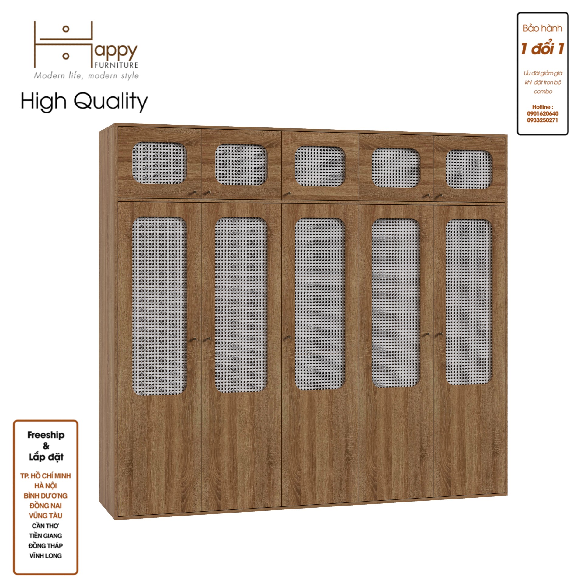 [Happy Home Furniture] MEYDAN, Tủ quần áo 2m4x2m2 cánh mây, 240cm x 58cm x 220cm ( DxRxC), TCM_052