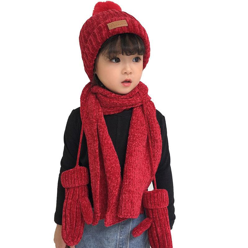 3 Mảnh Dệt Kim Nón Khăn Găng Tay Bộ Trẻ Em Nón PomPon Thu Đông Ấm Mitten Bé Trai Nắp Bò Thời Trang Bộ trẻ Em Mũ Lưỡi Trai