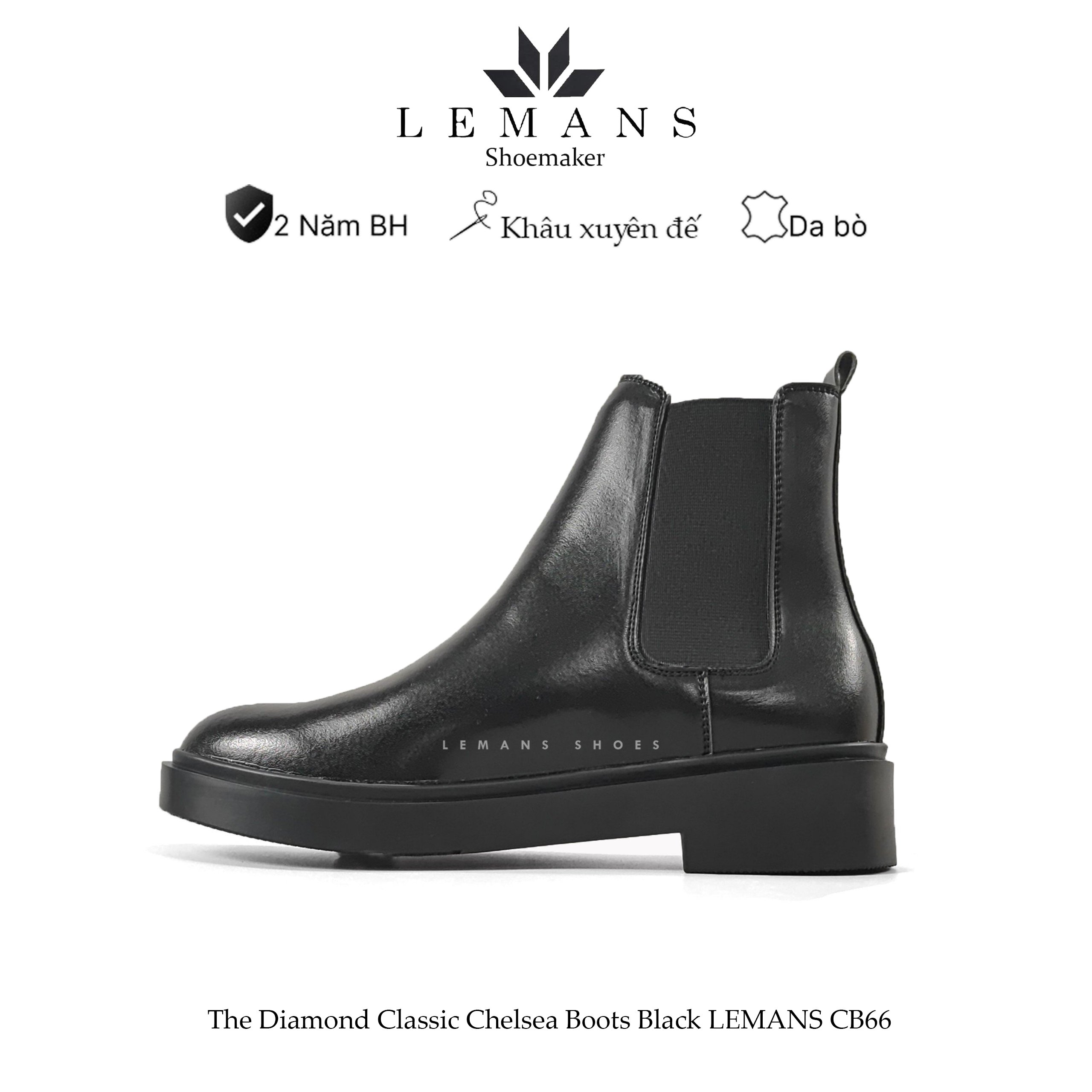 Giày da bò Chelsea Boots Black LEMANS CB66, đế lemans cao 4cm, boot nam chelsea boot nam, bảo hành 24 tháng