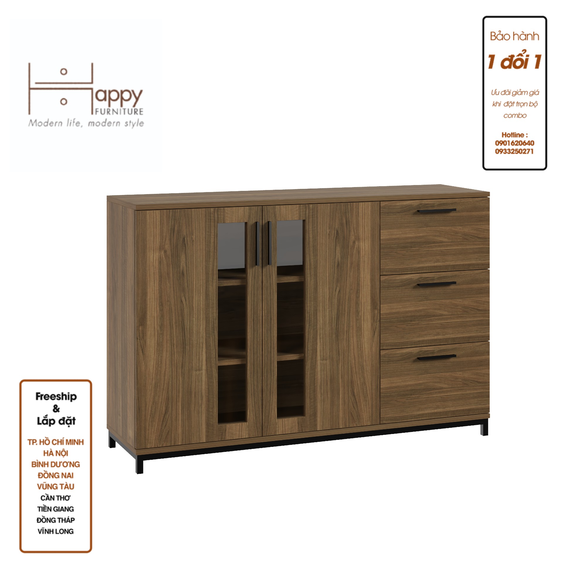 [Happy Home Furniture] LOUIS , Tủ lưu trữ 3 ngăn kéo 2 cửa mở - chân sắt , 126cm x 36cm x 84cm ( DxRxC), THK_058
