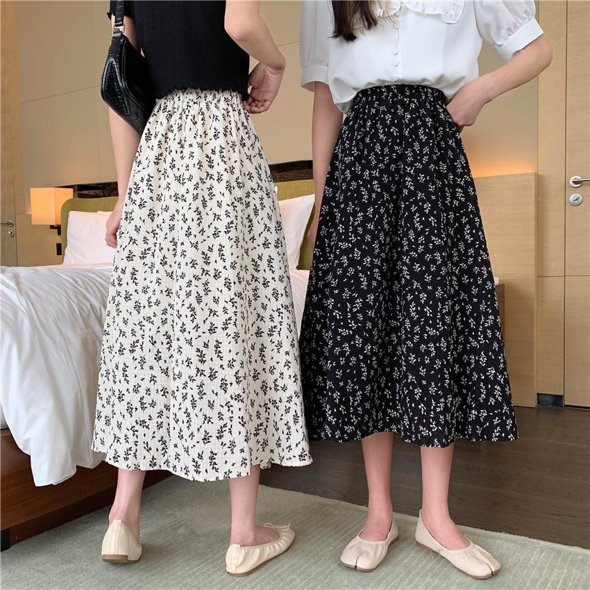 Chân váy hoa Vintage chiffon hàng loại đẹp dày dặn 2 lớp-Chân váy hoa nhí dáng dài Okella CV008 (có ảnh thật shop chụp)