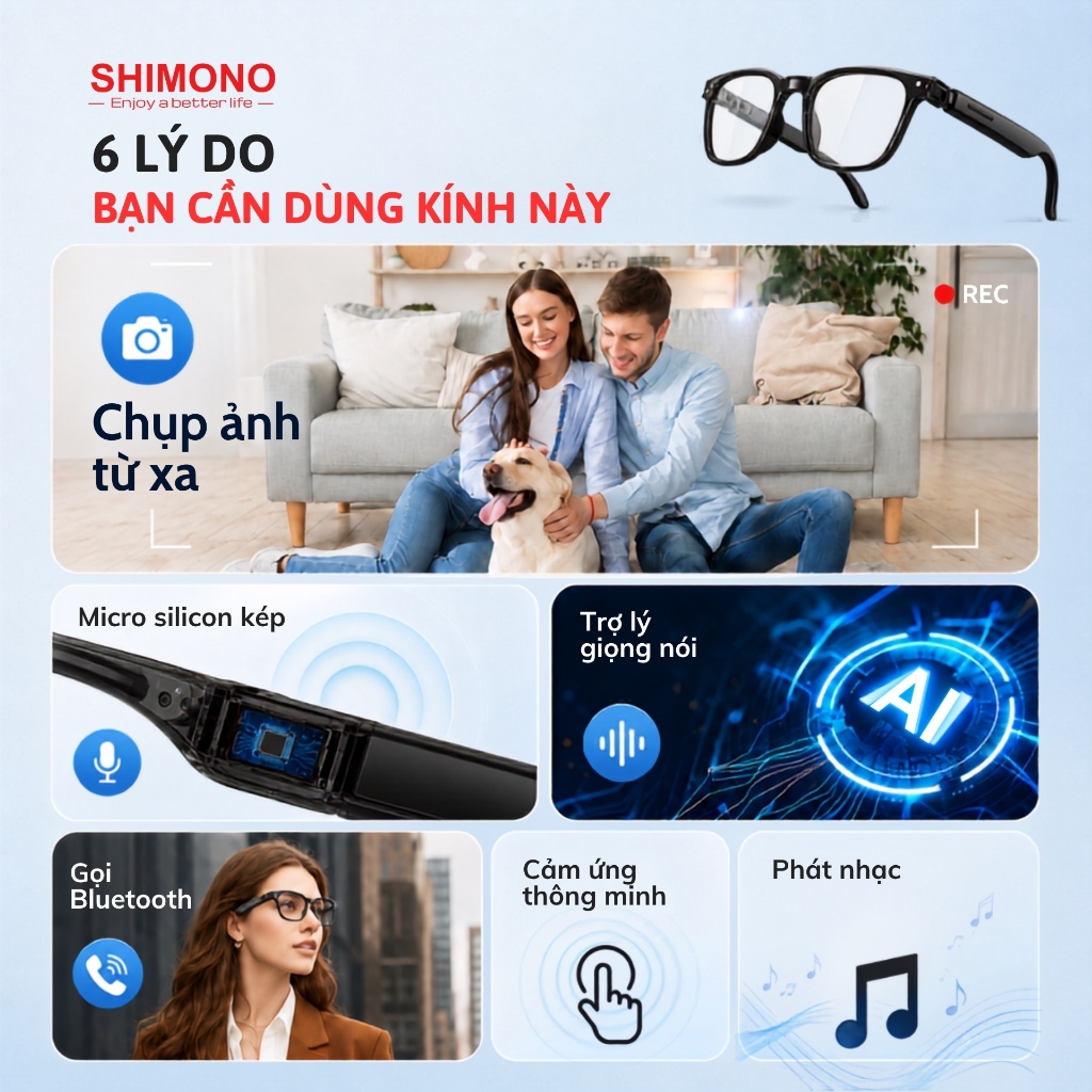 Kính Bluetooth SHIMONO AIMB-V6 Max Tròng Đổi Màu, Nghe Nhạc Open Ear, Đàm Thoại Rảnh Tay, Khẩu Lệnh Hàng chính hãng