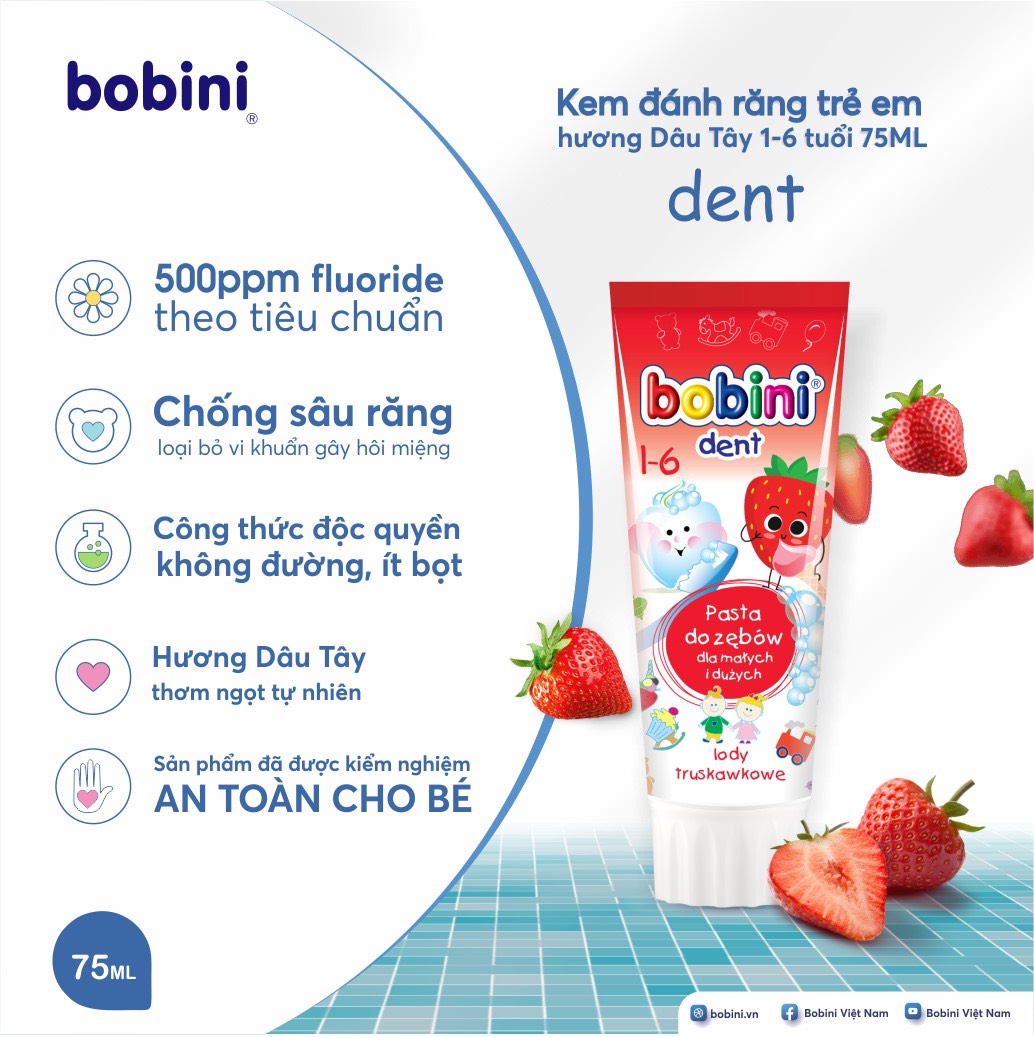 Kem đánh răng trẻ em Bobini hương kem dâu 1-6 tuổi 75ML