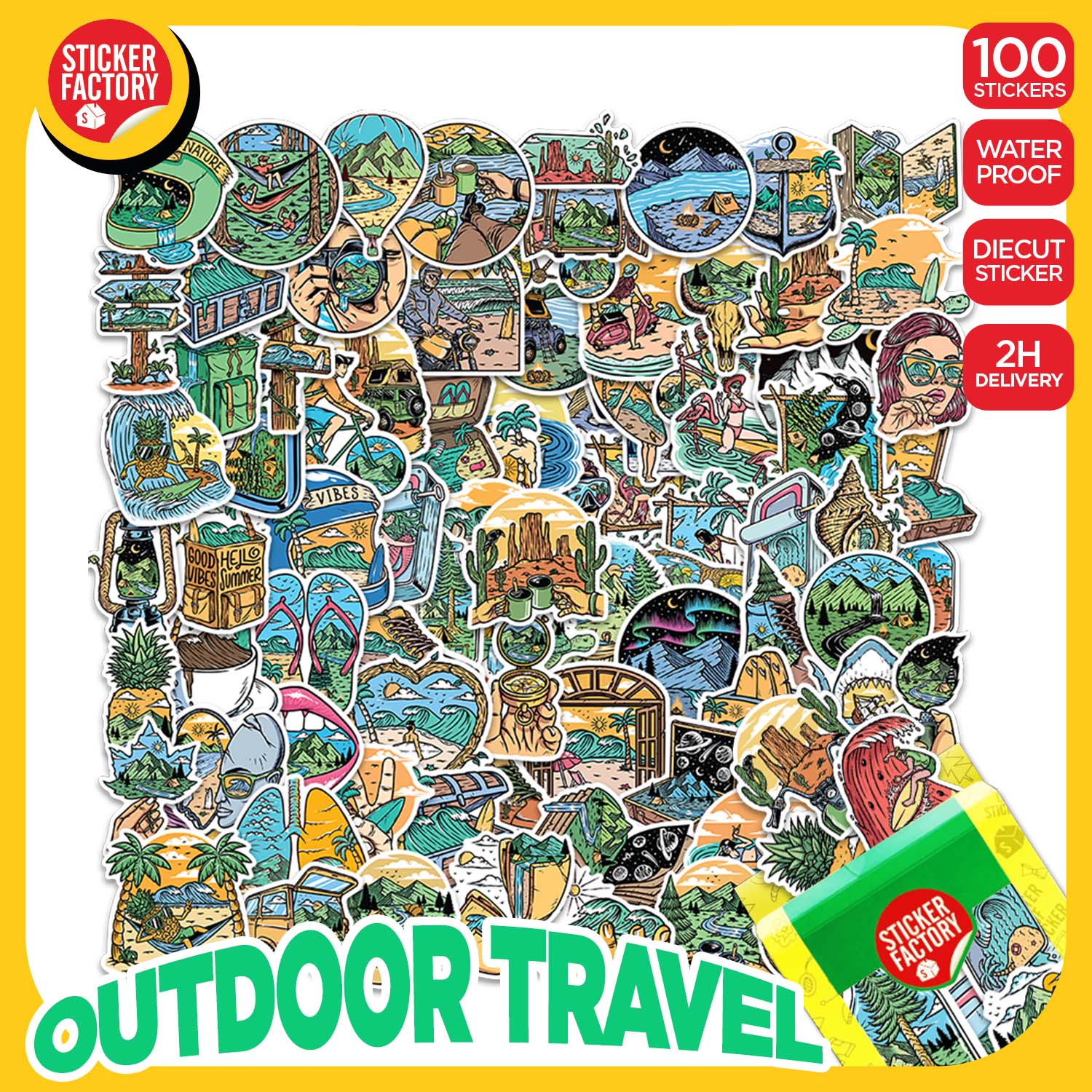 Outdoor Travel - Set 100 sticker decal hình dán dễ thương - STICKER FACTORY