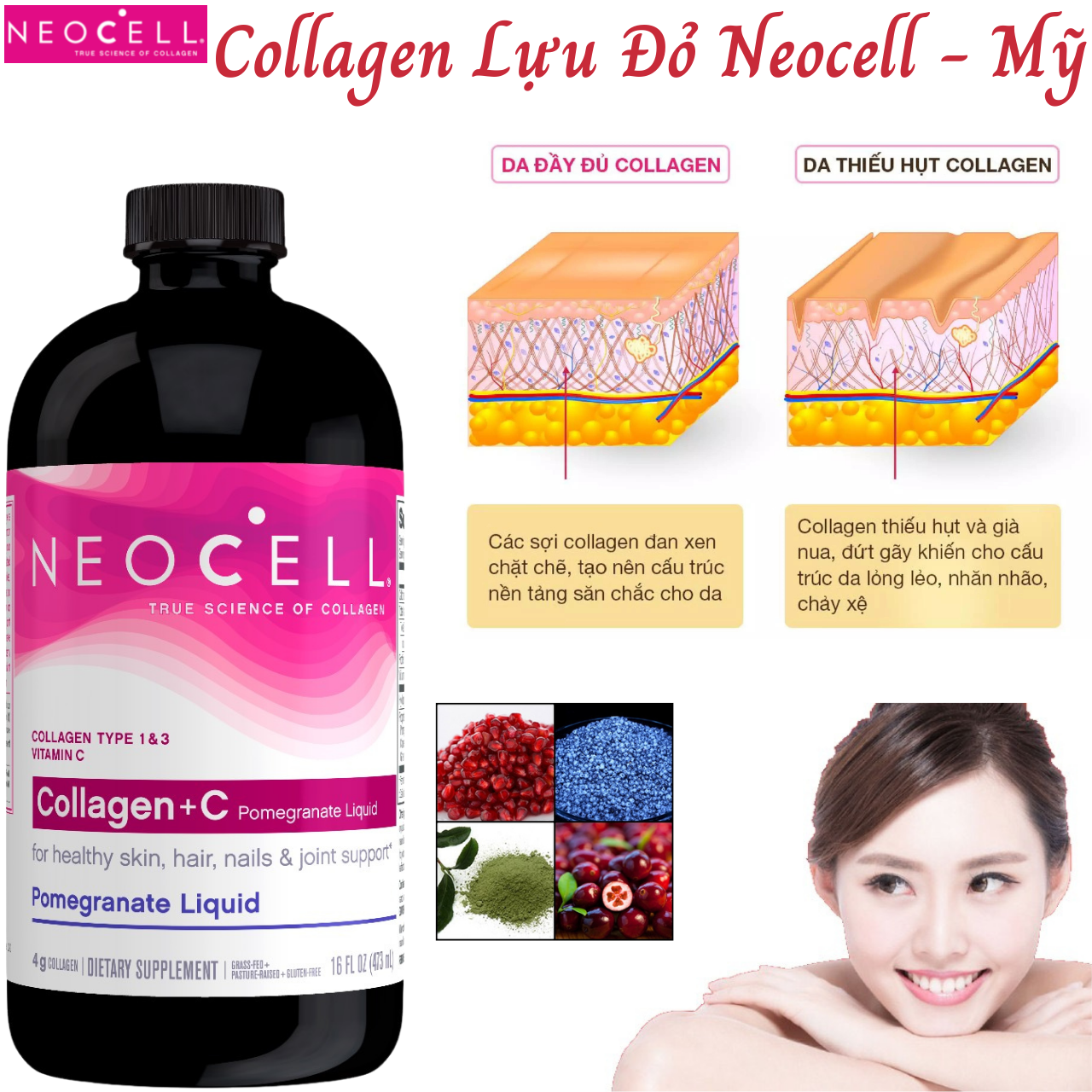 Collagen nước lựa đỏ Neocell Collagen +C Mỹ Tạo sức khỏe cùng đẹp  từ  bên  trong  cho  da,  tóc,  móng,  xương  khớp - Massel Official – 473ml/chai