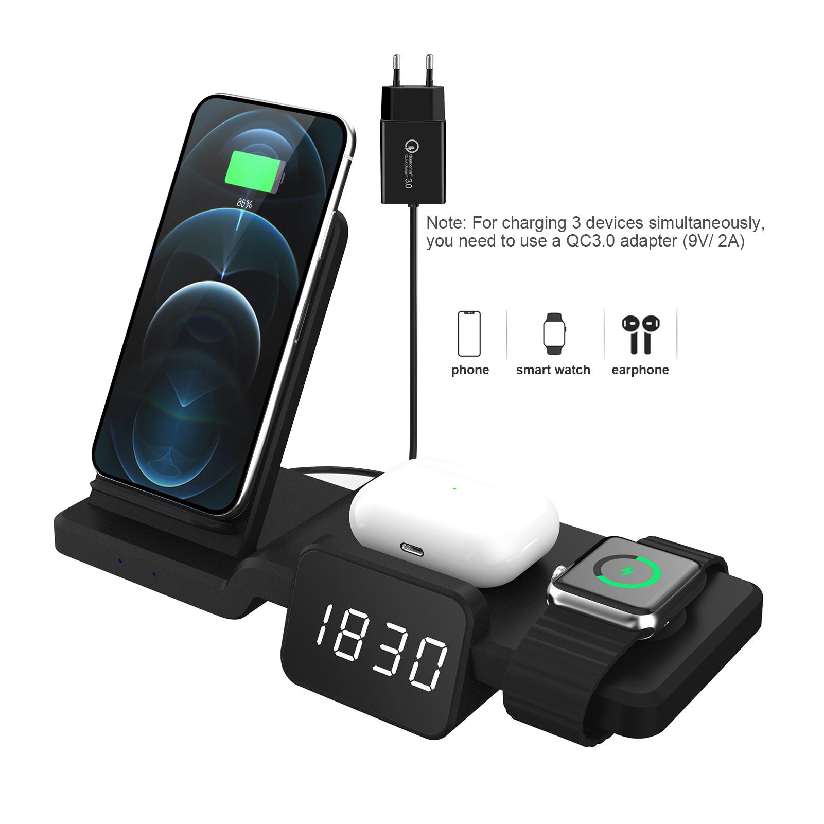 Đế sạc không dây 3 trong 1 có đồng hồ để sạc nhiều thiết bị Tương thích với điện thoại Android và iOS