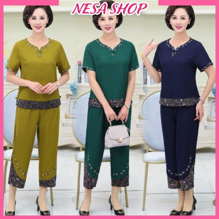 Đồ bộ nữ mặc nhà tay ngắn, chất liệu Cotton co giãn, họa tiết thêu, hoa văn phối màu, quần áo trung niên nữ NeSa Shop