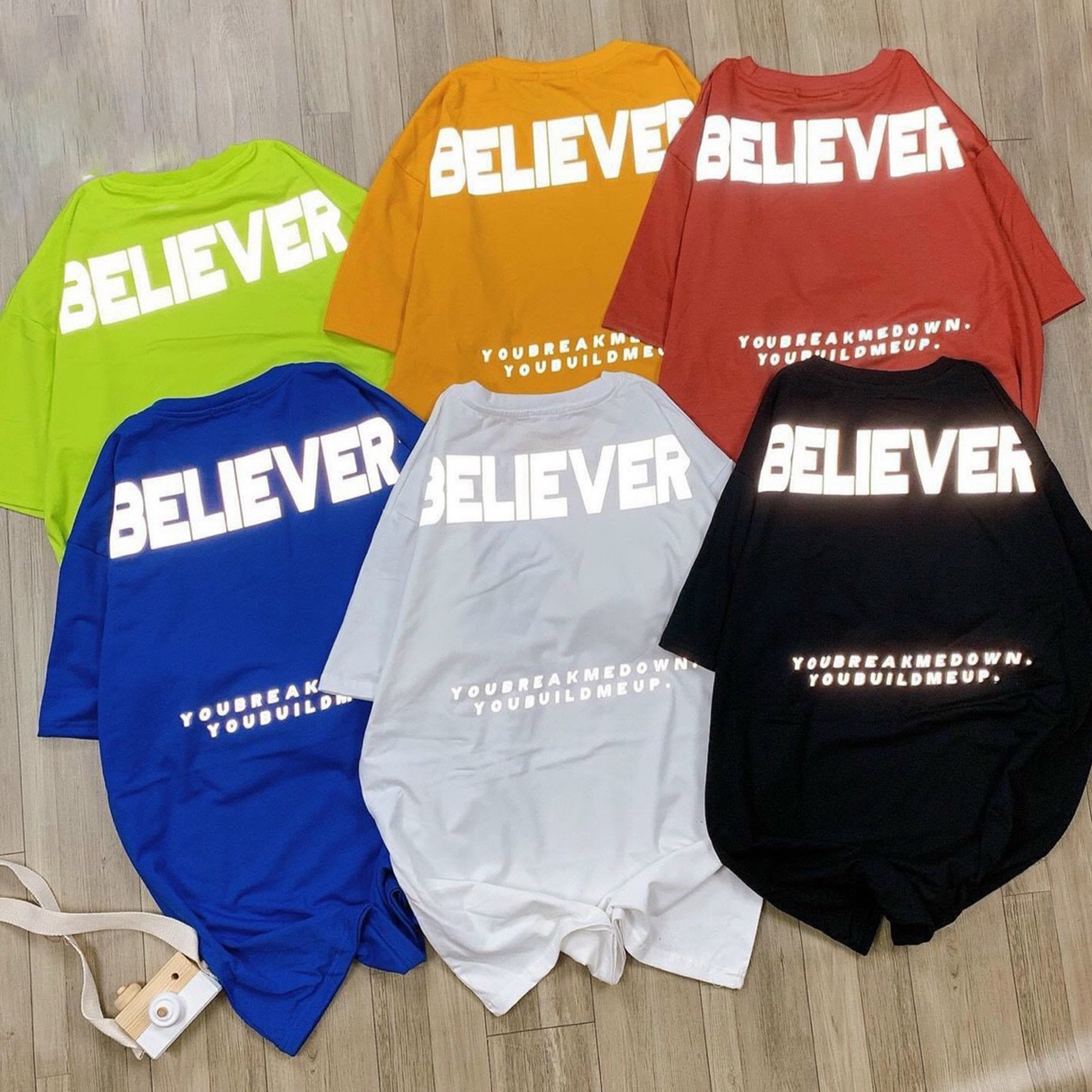 [FREESIZE từ 45-65kg] BELIEVER Áo thun đen nam in dạ quang phản quang trong tối, chụp flash