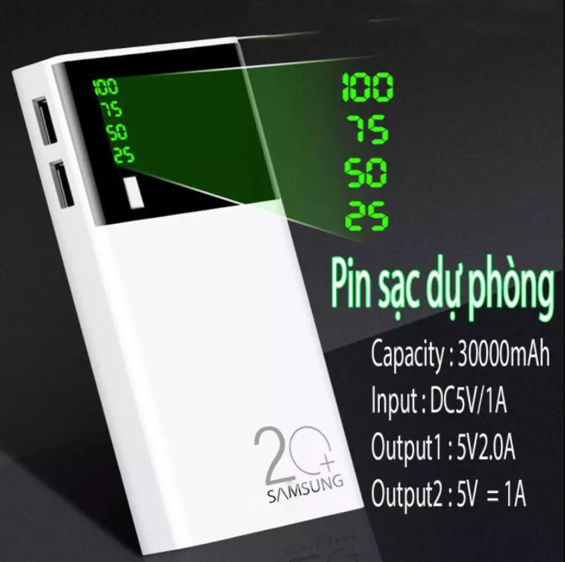 [BH 12 tháng 1 đổi 1] Sạc dự phòng samsung - Pin Sạc Dự Phòng SMART 20000 mAh 2 Cổng Sạc USB Tích Hợp Đèn LED + LED HIỂN THỊ % PIN