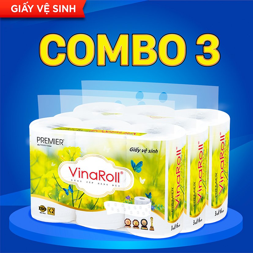 Giấy vệ sinh Premier VinaRoll có lõi, 3 lớp 100% bột giấy nguyên sinh, không chất tẩy lốc 6 cuộn