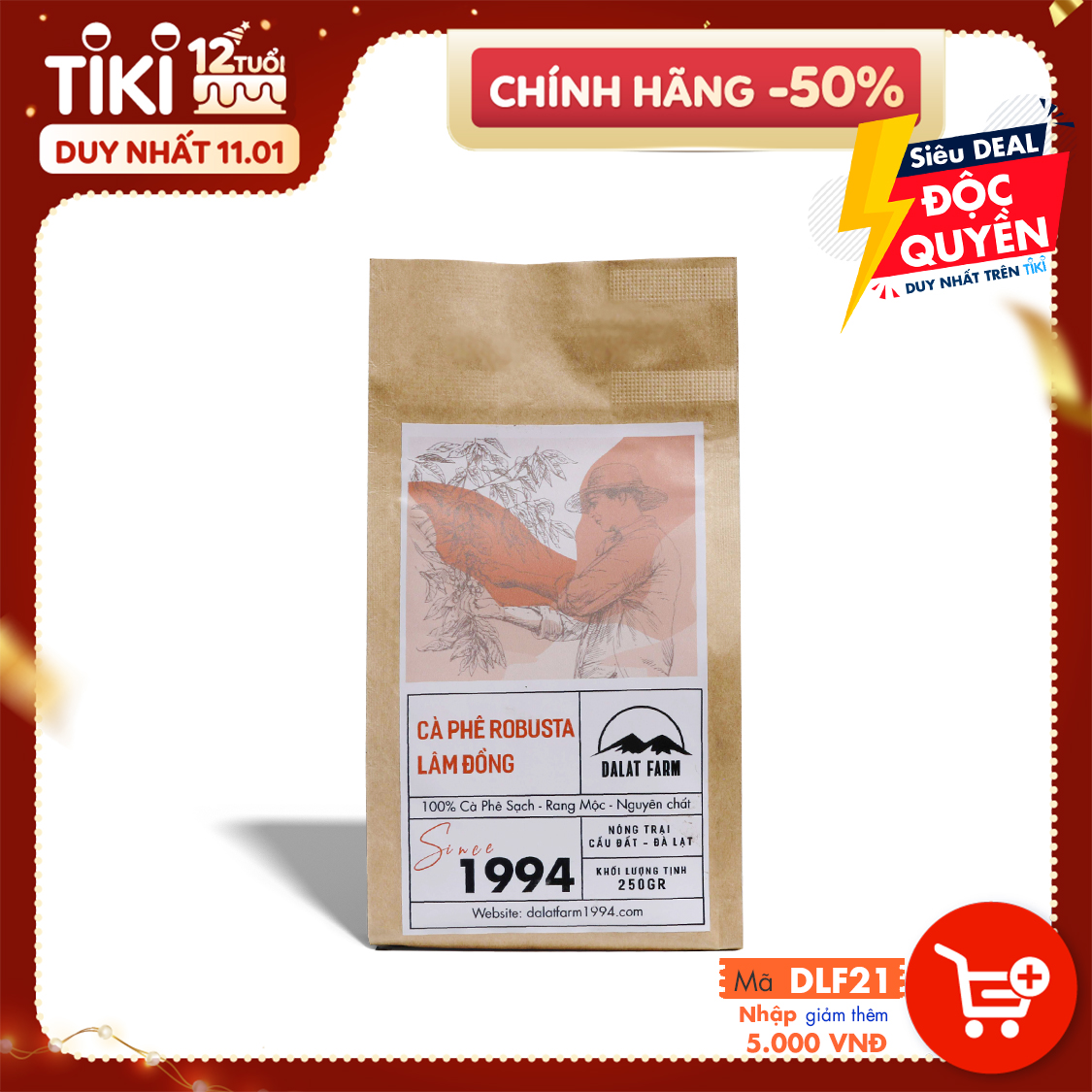 Cà phê Robusta Lâm Đồng rang mộc sạch nguyên chất - Túi 250Gr (Dạng Bột)