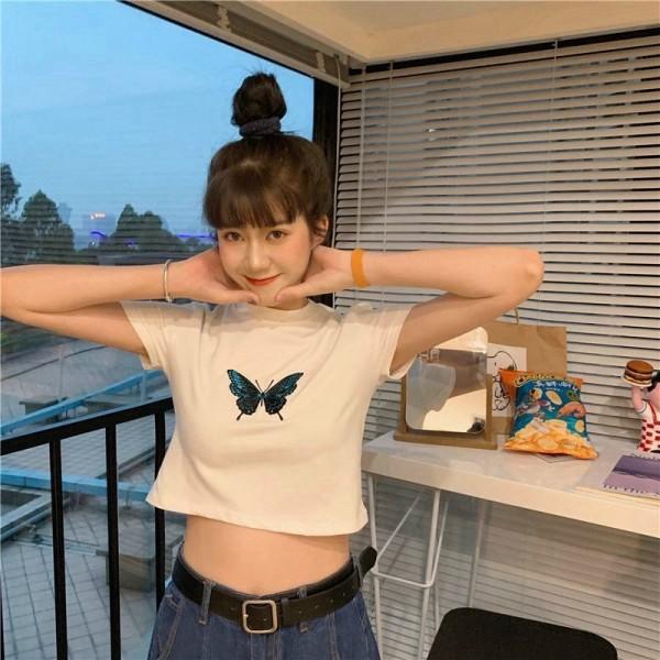 Áo Croptop tay ngắn thêu hình bướm siêu xinh