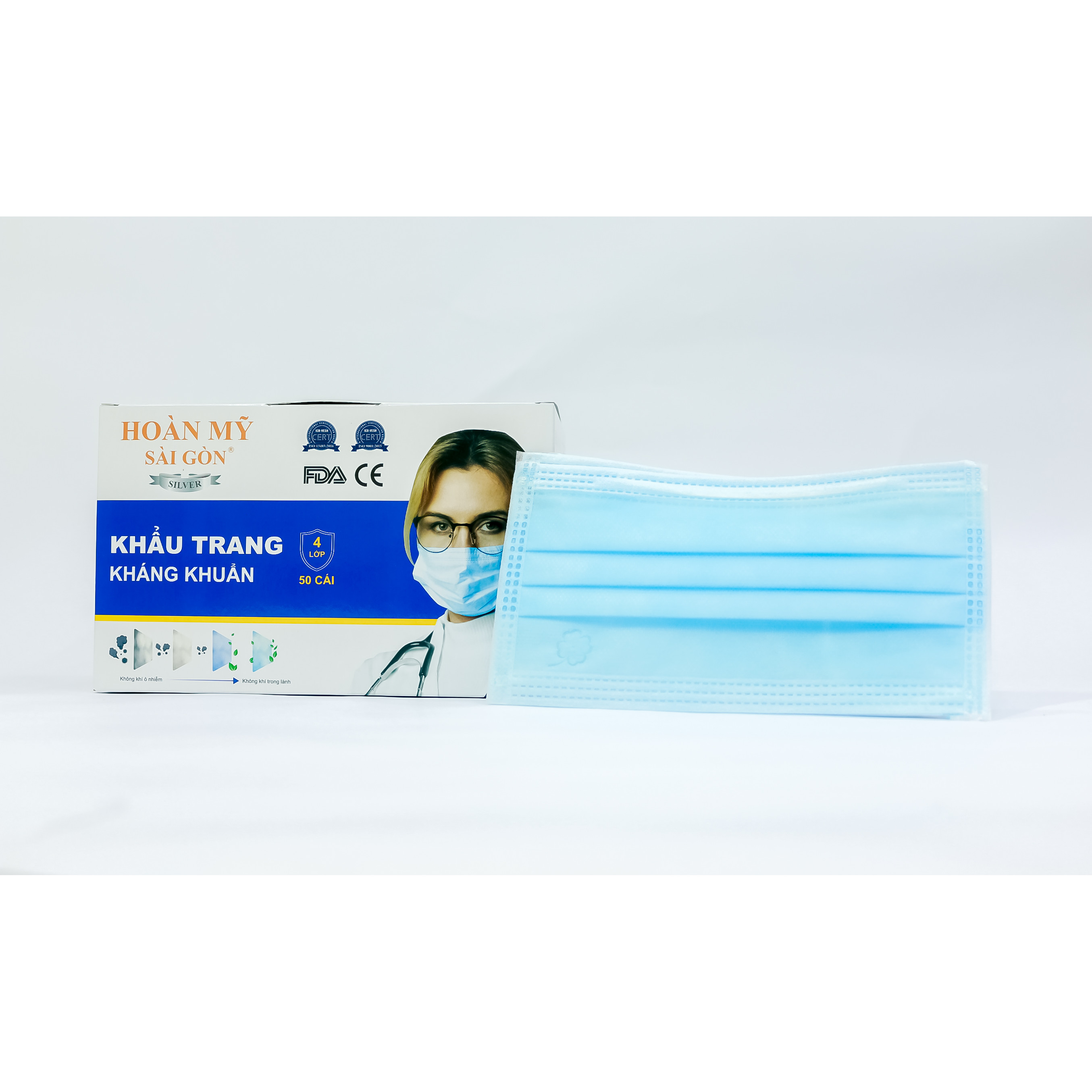 Khẩu trang y tế kháng khuẩn 4 lớp Hoàn mỹ sài gòn (Silver) 1 hộp 50 cái