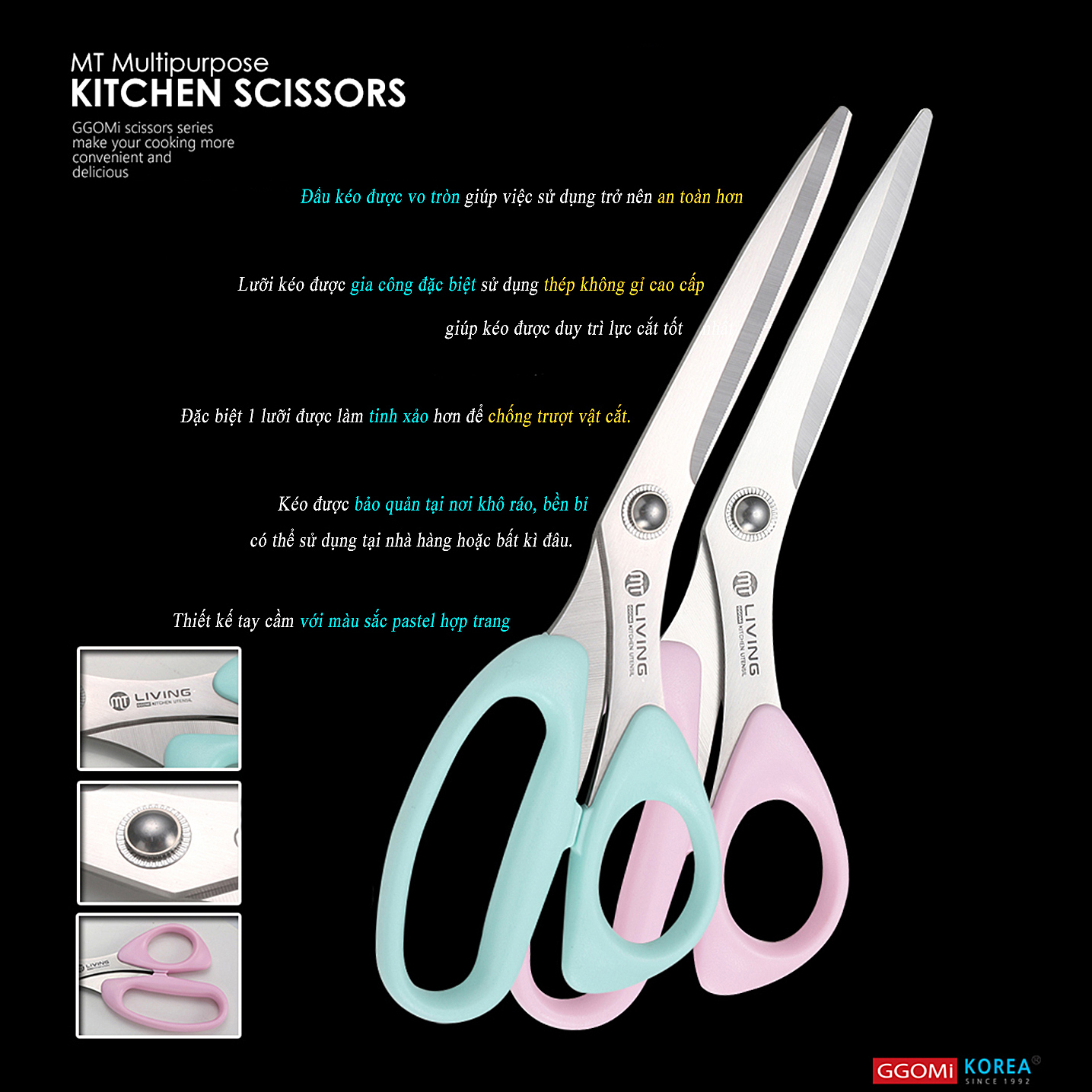 Kéo nhà bếp tiện lợi màu sắc pastel dài 25cm,độ dài lưỡi 10.3cm bằng thép không gỉ GGOMi Hàn Quốc MT166