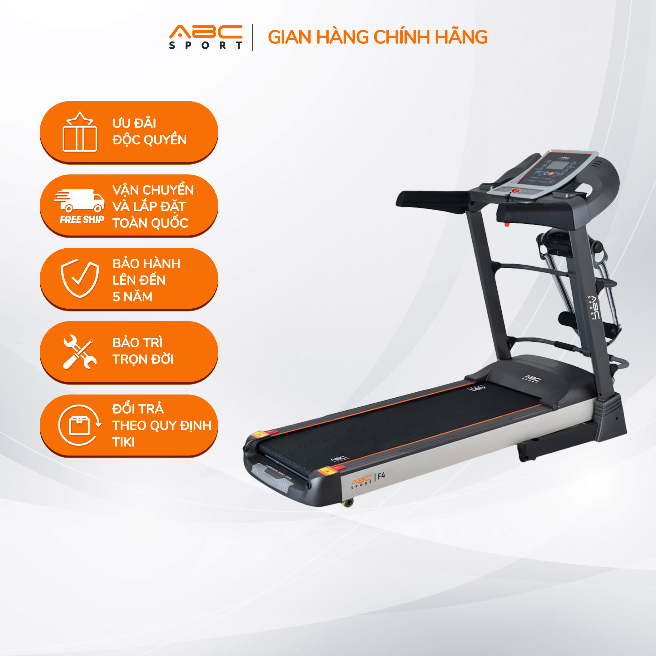 Máy chạy bộ ABCSport F4 Khung sườn vững chãi, chịu được tải trọng lên đến 140kg và 12 chương trình luyện tập tự động