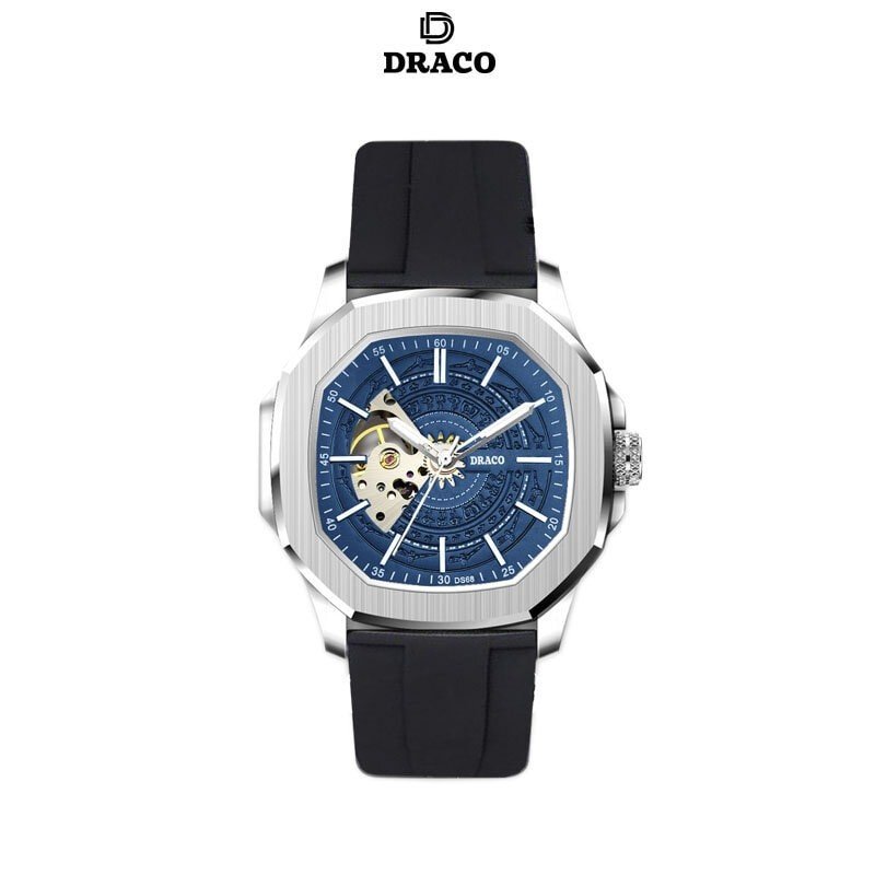 Đồng hồ nam Draco D23-DS68 “DongSon” Automatic	trắng xanh kết hợp chất liệu dây cao su non cao cấp màu đen-thời trang nam thể thao