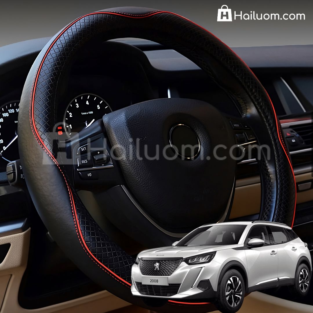 Bọc Vô Lăng ô tô cho PEUGEOT 2008 Da Thật Cao Cấp - Màu Đen Chỉ Đỏ