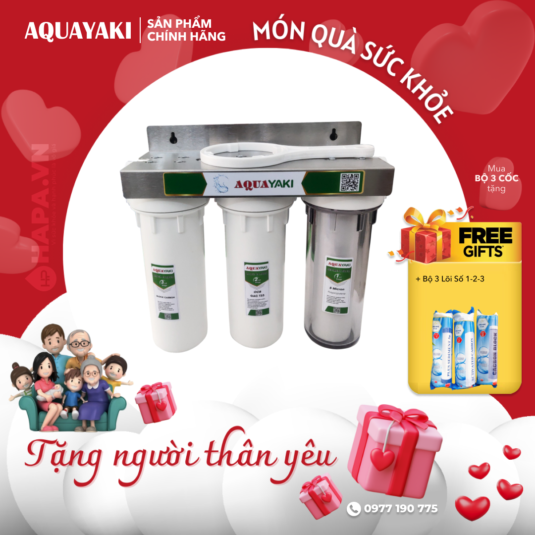 Bộ 3 Cốc Lọc Nước Cao Cấp AQUAYAKI Kèm Lõi 10 inch Cốc Tiền Lọc, Tiền Xử Lý Nước Sạch Tiêu Chuẩn - Hàng Chính Hãng