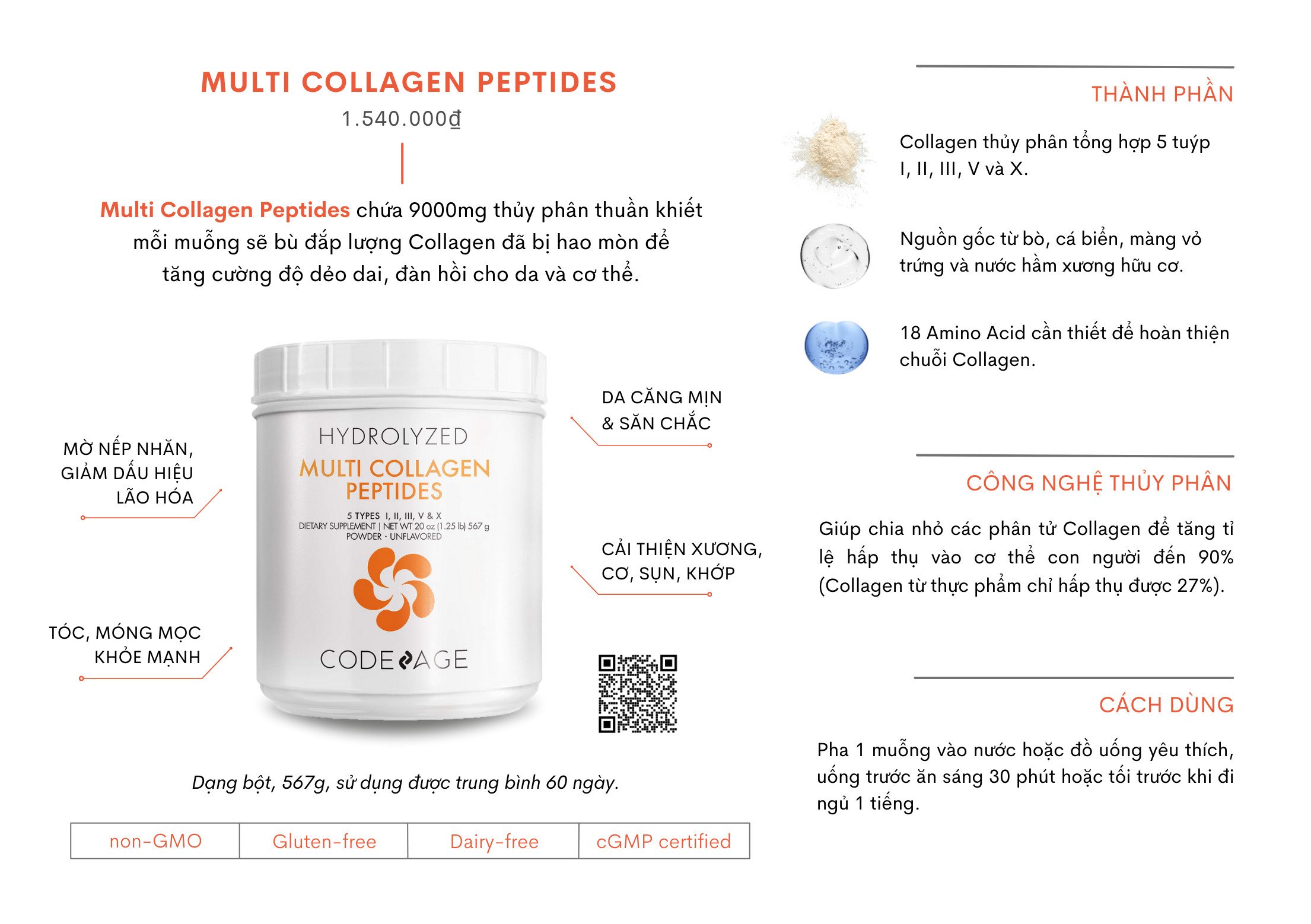 Bột Collagen Tổng Hợp Giúp Trẻ Hóa Da CodeAge Hydrolyzed Multi Protein Powder 567g