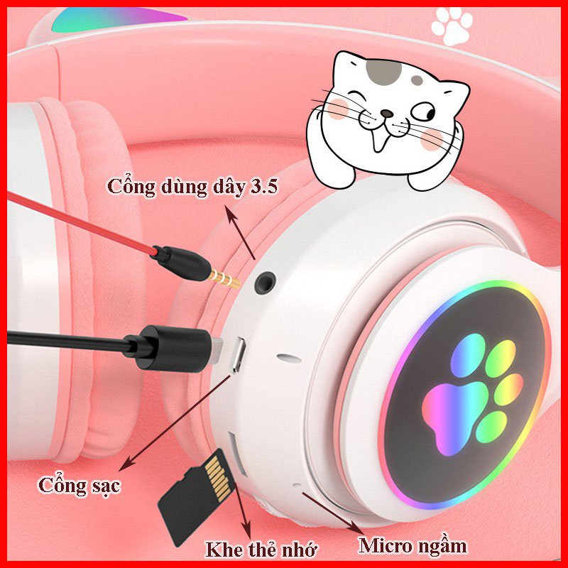 Tai Nghe Mèo Bluetooth Cao Cấp, Tai Nghe Không Dây Chơi Game Pin Trâu, Headphone Mèo Có mic, Chống Ồn, Đèn Led