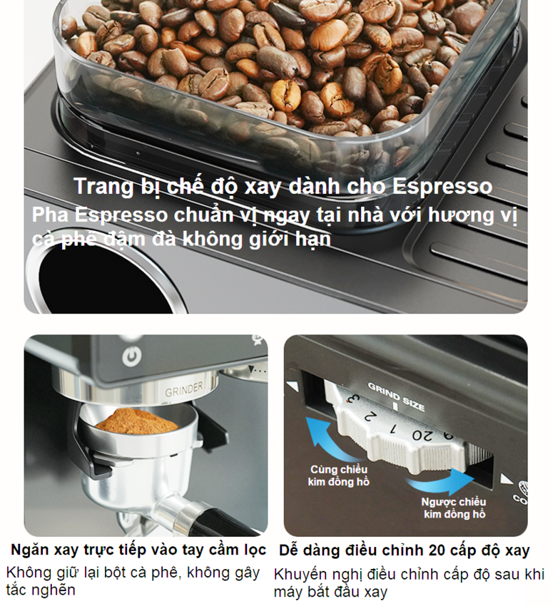 Máy pha và xay cà phê bán tự động 3 trong 1 Espresso, Cappuccino, Latte thương hiệu Mỹ cao cấp HiBREW H20 - Công suất 1500W 20bar - Hàng nhập khẩu