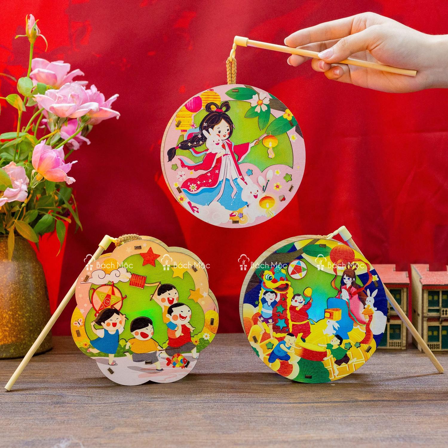 Lồng Đèn Trung Thu Gỗ 2 Mặt Màu - Bách Mộc - Chị Hằng