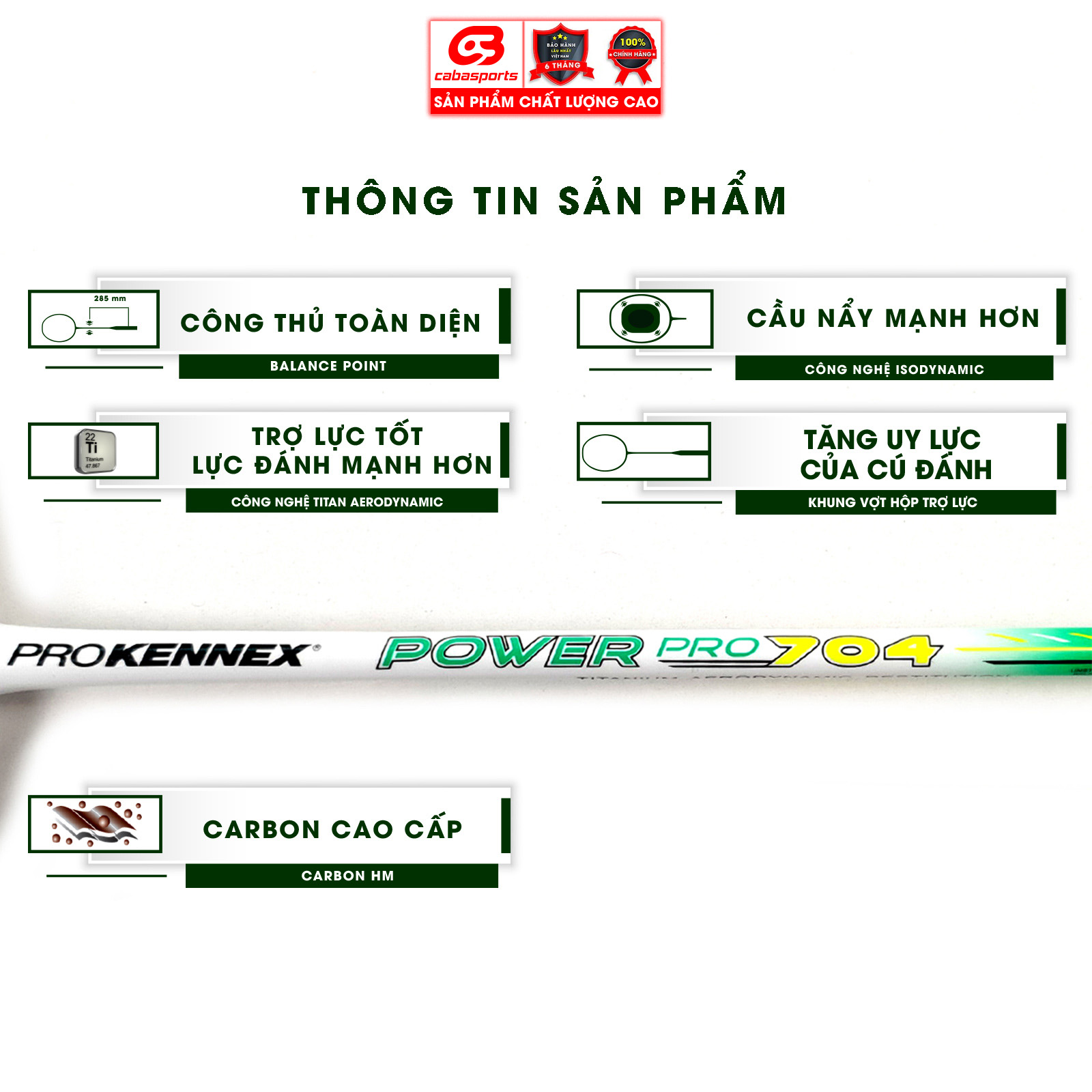 Vợt cầu lông Prokennex POWER PRO 704 chính hãng giá rẻ công thủ toàn diện - - Tặng kèm quấn cán và túi vải Cabasports