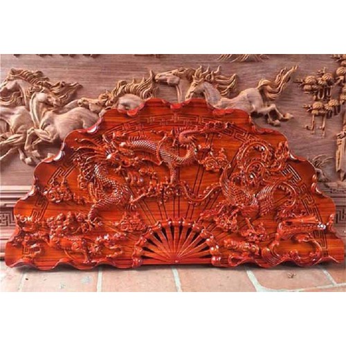 Tranh gỗ treo tường quạt tứ linh - gỗ hương đỏ