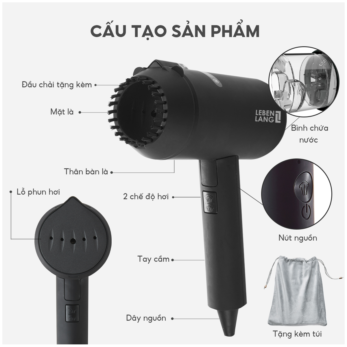Bàn ủi hơi nước cầm tay Lebenlang LBL3089, bàn là 1200W, 140ml, gấp gọn tiện lợi, tặng kèm túi đựng, bảo hành 2 năm - hàng chính hãng