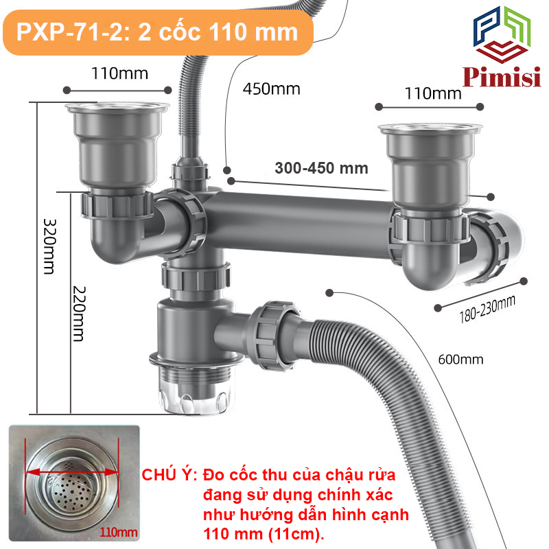 Bộ Xi Phông Chậu Rửa Bát 2 Hố Phi 110-140 Inox 304 Pimisi PXP-7X-2 Thải Chậu Rửa Chén 2 Hộc - 1 Thoát Tràn | Chính Hãng