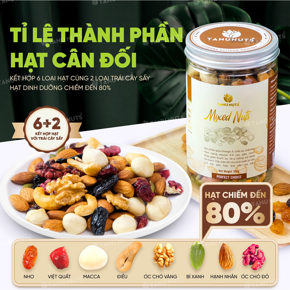 Hạt dinh dưỡng mix 8 loại TANU NUTS hũ 350g/500g, ngũ cốc granola ăn kiêng giảm cân tốt cho người tập yoga, bà bầu.