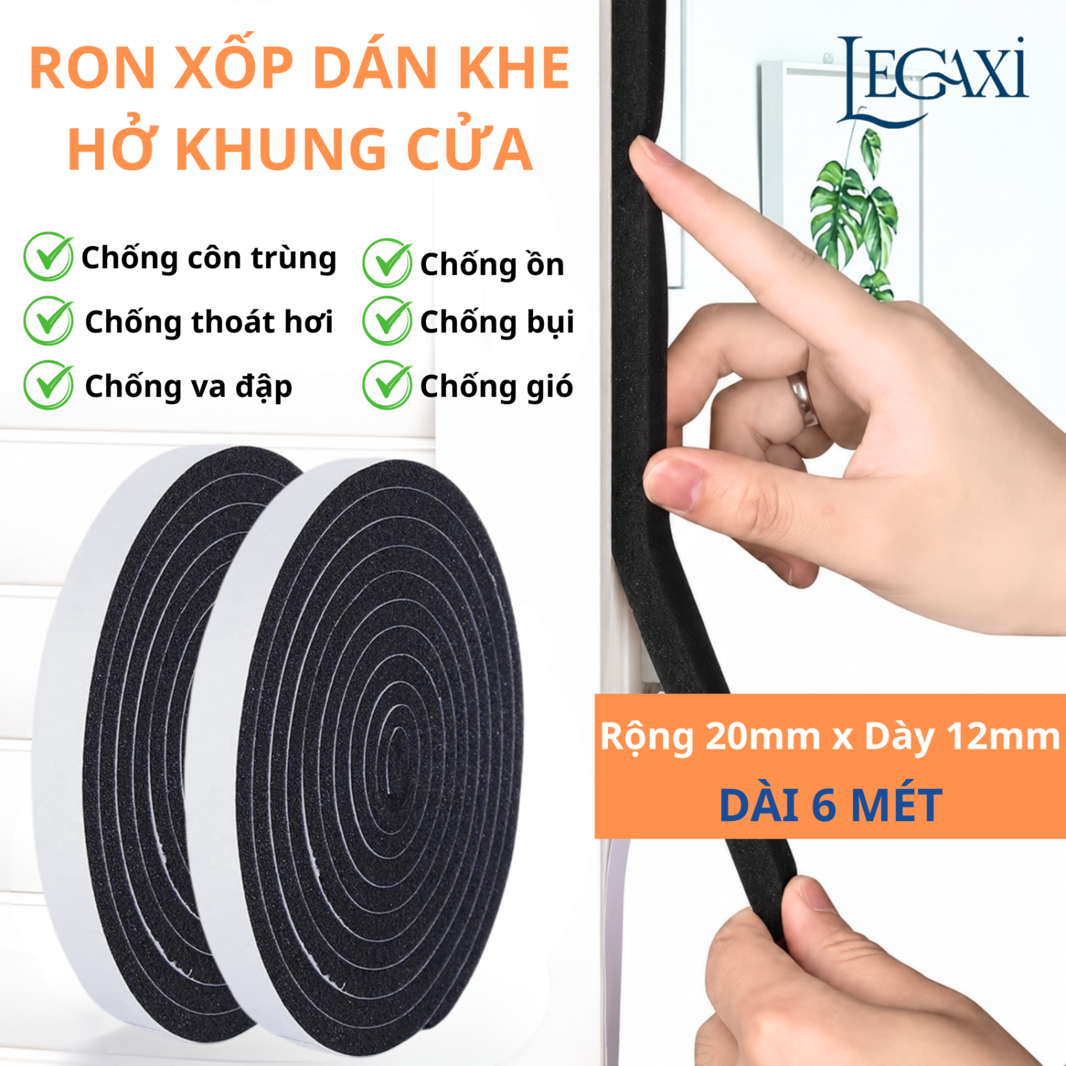 Cuộn Ron Gioăng Mút Xốp Dán Khe Hở Khung Cửa Cách Âm Giảm Chấn, Chống Bụi, Chống Thoát Hơi Dài 6 Mét