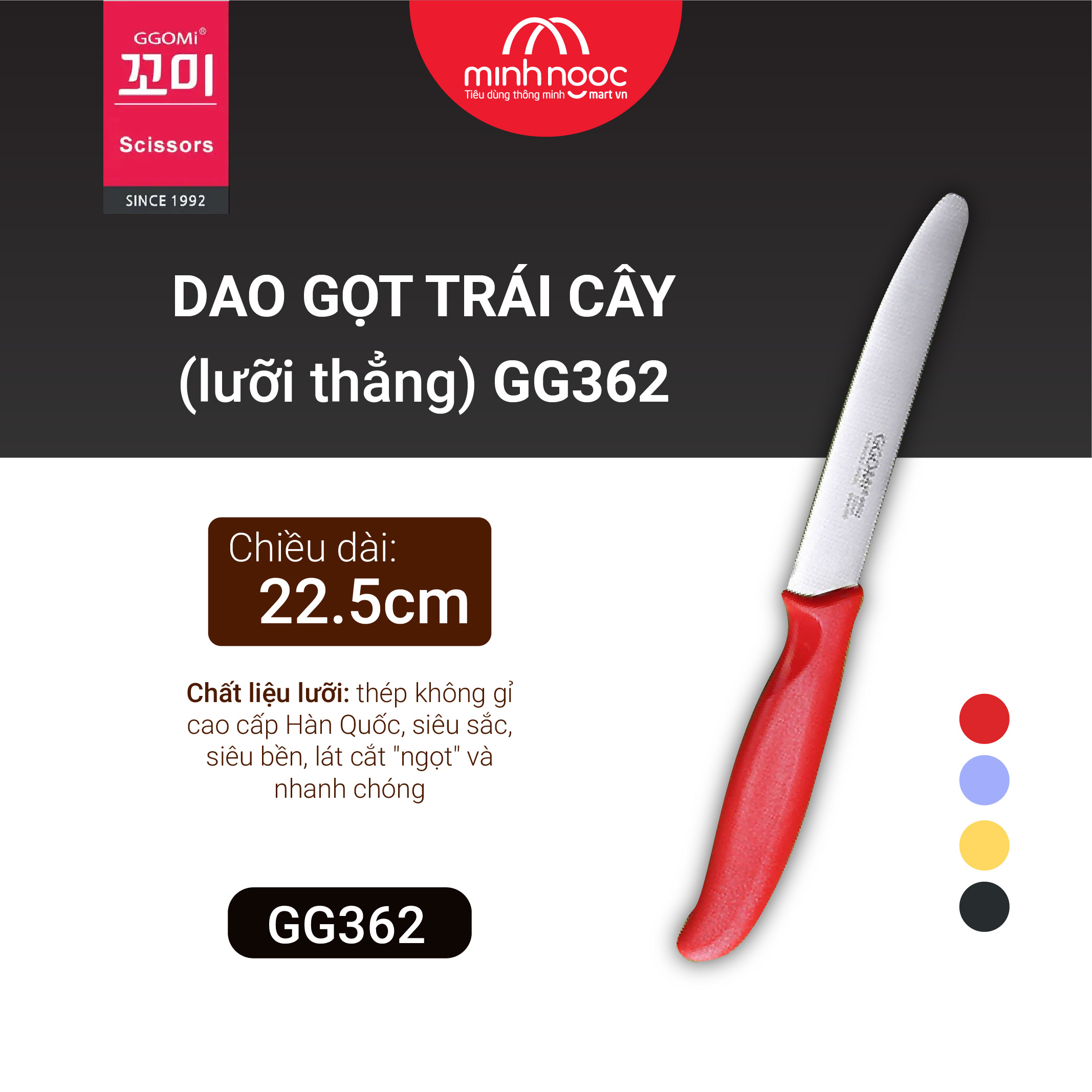Hàng chính hãng: Dao gọt trái cây đa năng lưỡi thẳng GGOMi Hàn Quốc GG 362. 4 màu lựa chọn