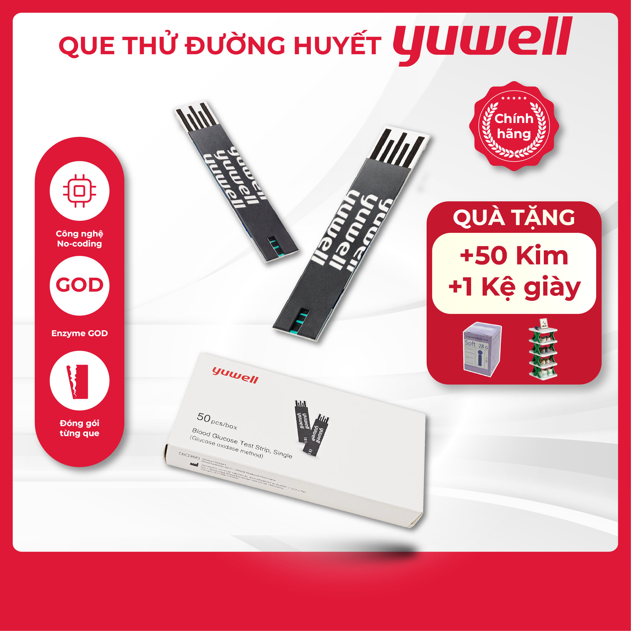 Que thử đường huyết Yuwell Y330 Hộp 50 que dùng với máy đo đường huyết Yuwell 582. Tặng 50 kim