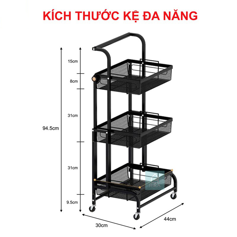 Kệ xe đẩy để đồ đa năng 3 tầng, để bỉm sữa rau củ thép carbon không rỉ, bánh xe di chuyển tiện lợi có chốt an toàn