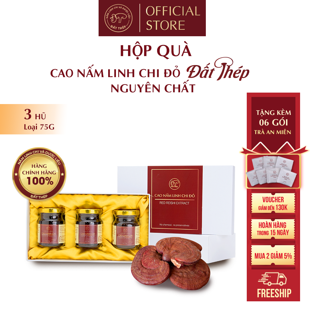 Trà Cao Nấm Linh Chi đỏ Đất Thép nguyên chất 3 hũ 75g - Giải độc gan - Ổn định đường huyết