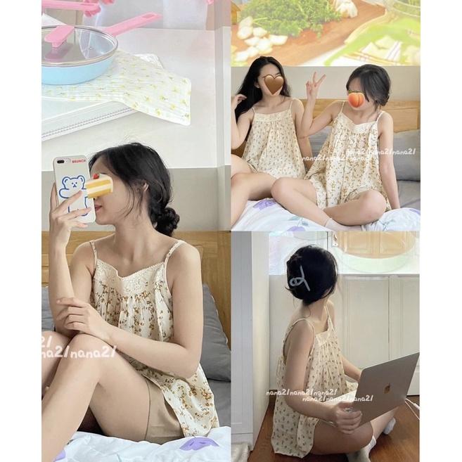 Set 2 Dây Ren Hoa Nhí Hồng LINHLA Nữ  Bộ quần đùi đũi áo babydoll thun vintage bánh bèo mặc ở nhà đi ngủ Ulzzang