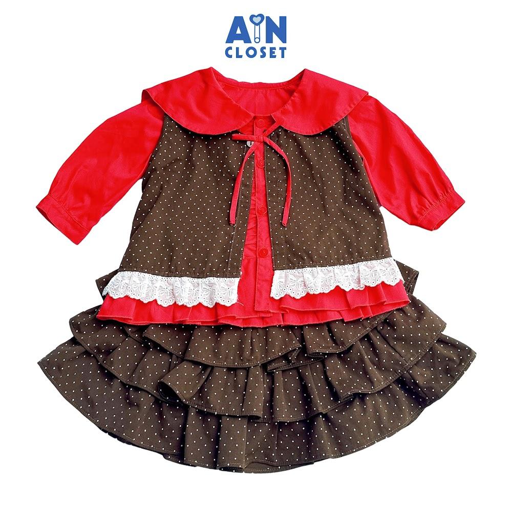 Set Váy bé gái họa tiết Bi Nâu Kaki lụa - AICDBGWIOMPJ - AIN Closet