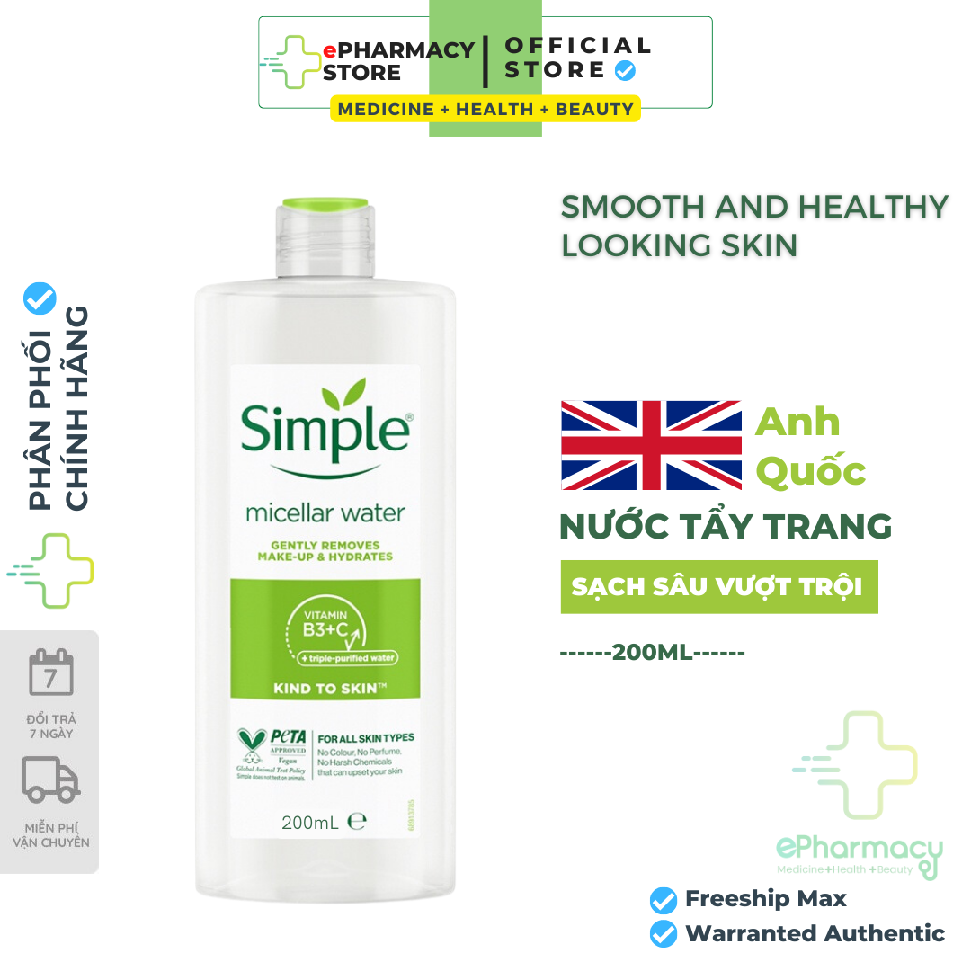 Nước tẩy trang Simple Micellar Cleansing Water làm sạch 99% trang điểm, cho da thoáng mịn tức thì