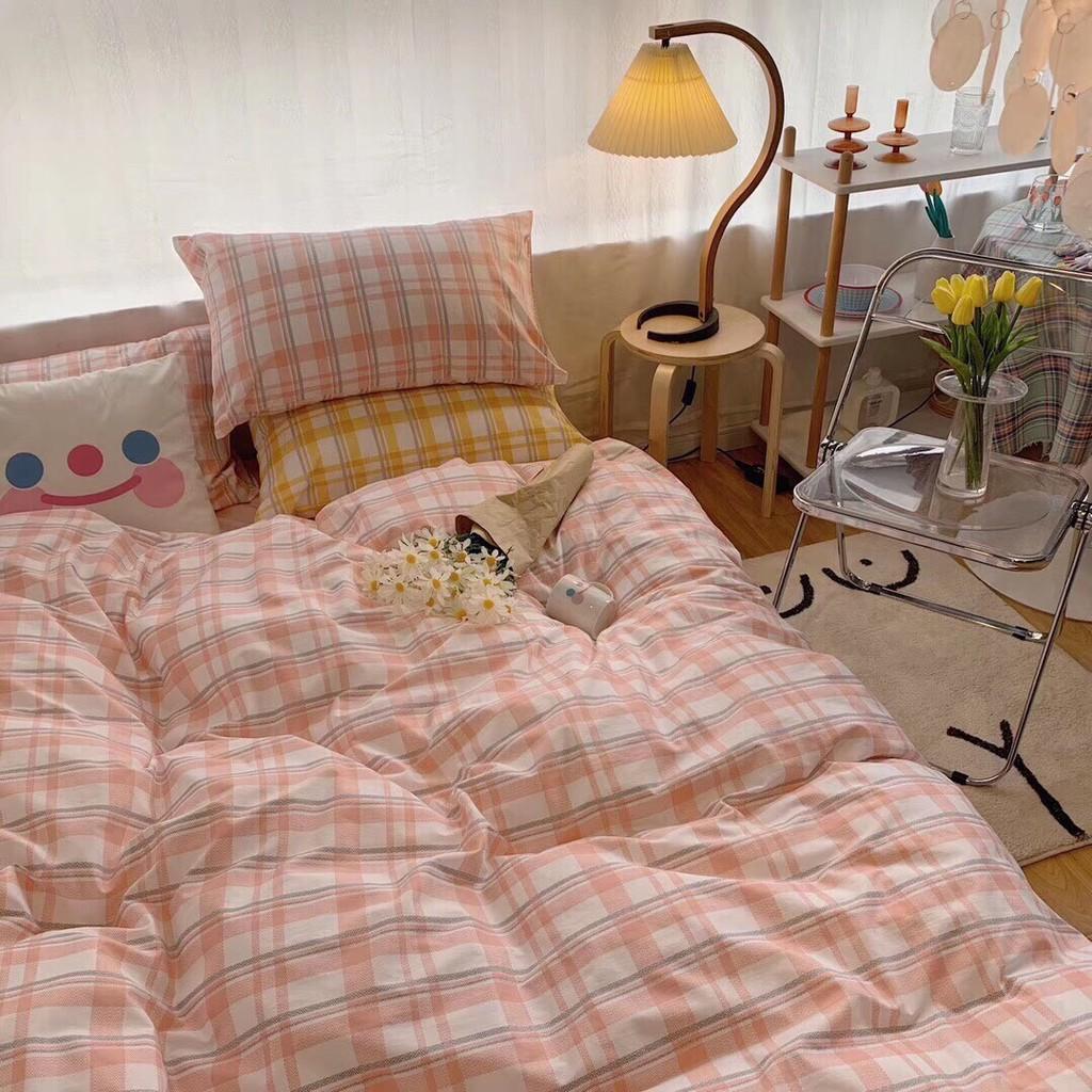 Bộ chăn ga gối Cotton Poly M2T bedding kẻ hồng ga hồng, vỏ chăn mền, drap giường và 2 vỏ gối
