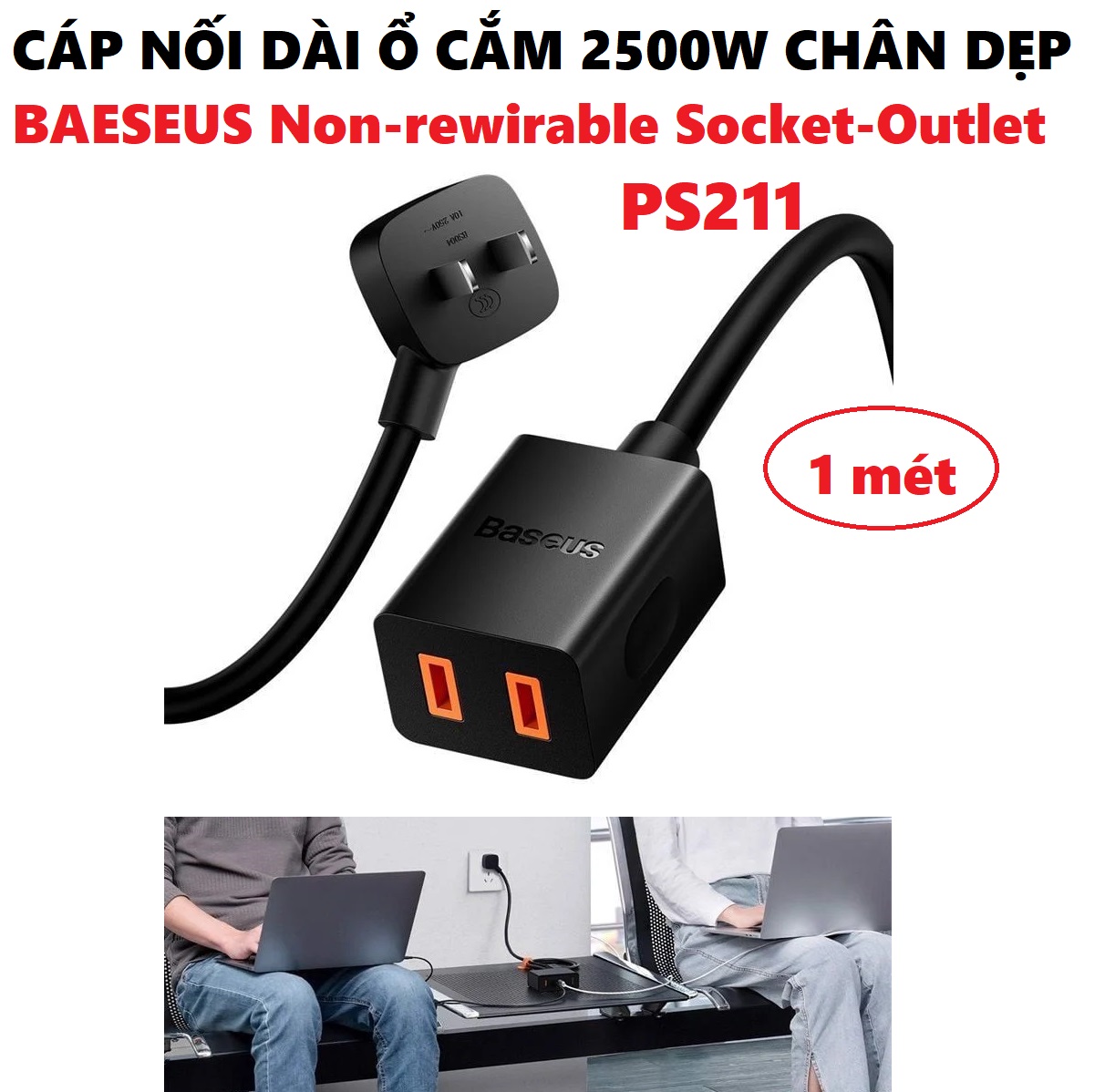 Cáp nối dài ổ cắm du lịch 2 chân dẹp (CN) Baseus no-rewirable socket outlet PS211 (1m) _ hàng chính hãng