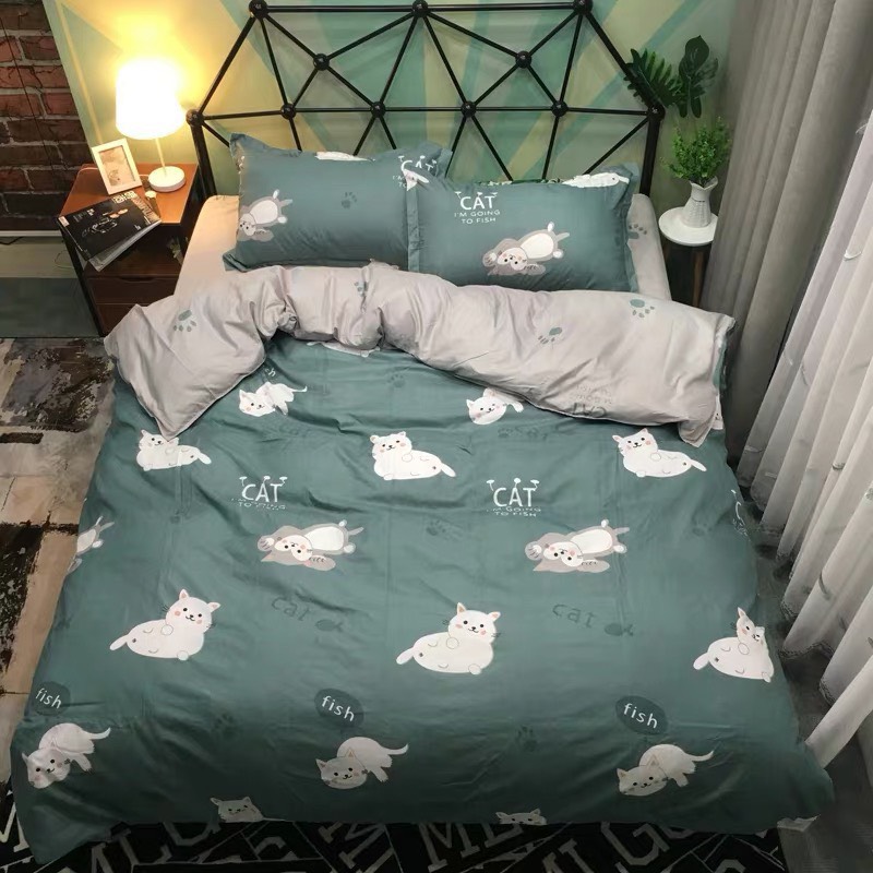 Bộ Chăn Chần Ga Gối Cotton LIDACO SP001005 - Mèo Xanh