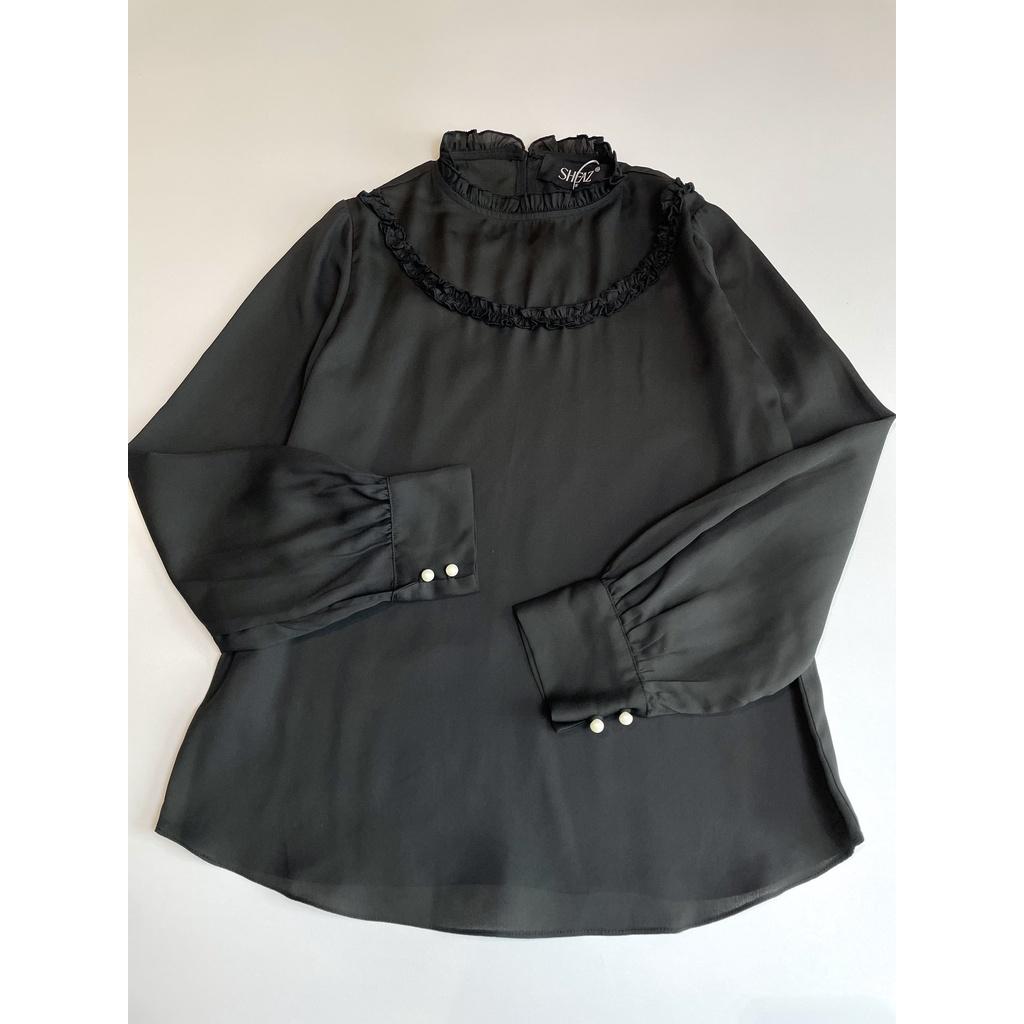 SHEAZ Áo sơ mi chiffon đen cao cấp dày dặn tay dài bèo ngực phong cách Hàn quốc
