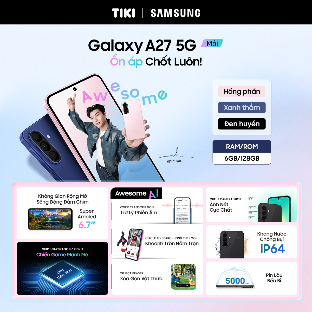 Điện thoại Samsung Galaxy A27 5G (6GB + 128GB) | Màn hình 6.7" FHD+ | Pin 5000mAh | Snapdragon 6 Gen 3 - Hàng chính hãng